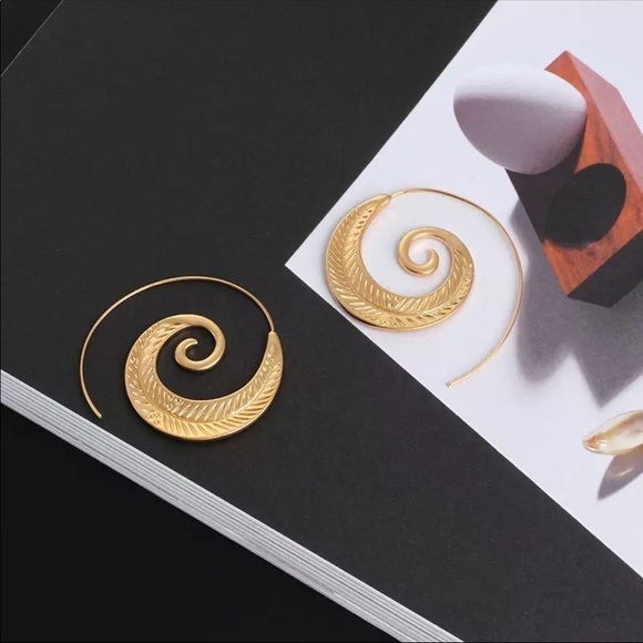 NEW Gold Plated Swirl Earrings Boho Ethnic Round Hoop Stainless Steel - Picture 3 of 5